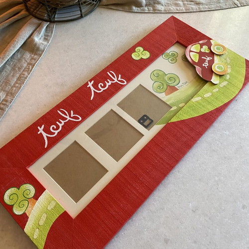 Handmade wooden children's wall photo frame red with trees and car