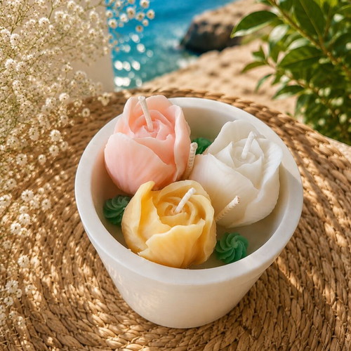 Handmade scented flower candle with reusable porcelain powder container