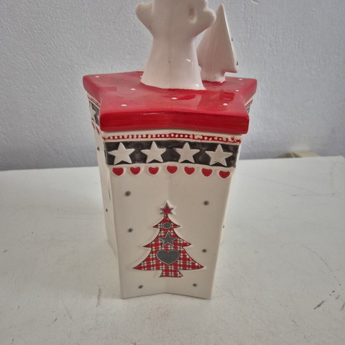 Christmas ceramic container with lid decorated with Santa Claus and trees