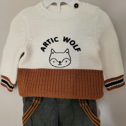 Orchestra baby set 6-9 months, knitted sweater and lined pants with suspenders