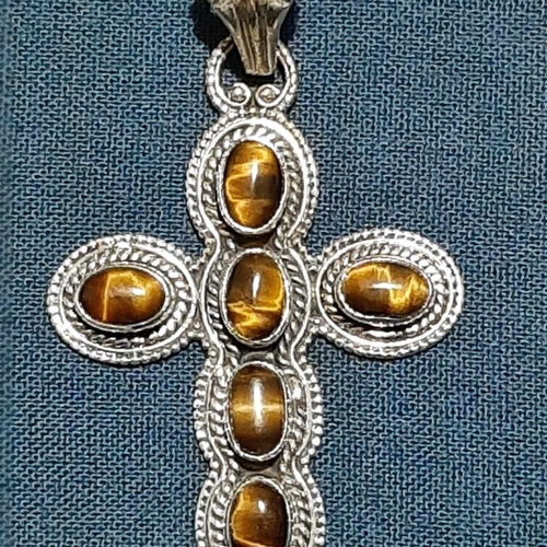 Silver 925 cross with tiger eye semi-precious stones, new