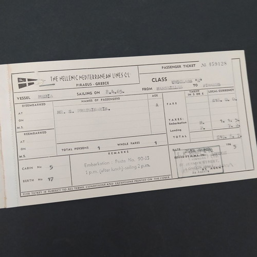 Hellenic Mediterranean Lines (HML) 1965 Media ship passenger ticket with postcard