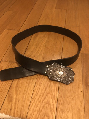 Boho black women's belt used, leather with metal buckle and crystals