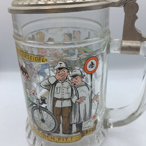 Vintage German Glass Beer Stein with Bicycle Bell Lid BMF Radlerseidel