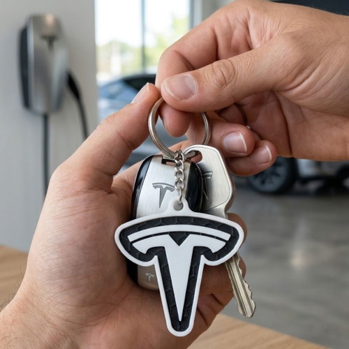 Tesla logo car keychain, black and white