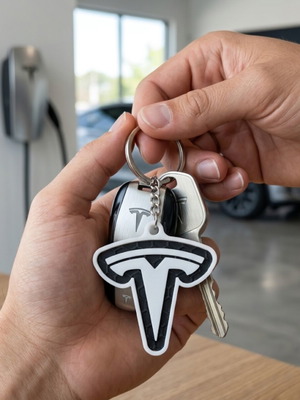 Tesla logo car keychain, black and white