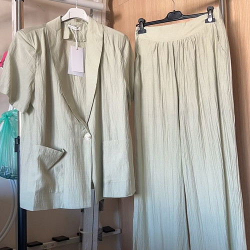 Women's summer set light sage green like new, jacket and wide pants