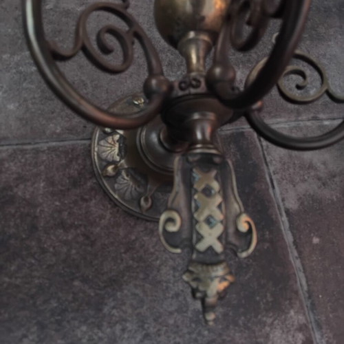 Vintage brass wall lights pair, three-light Amsterdam XXX design, used