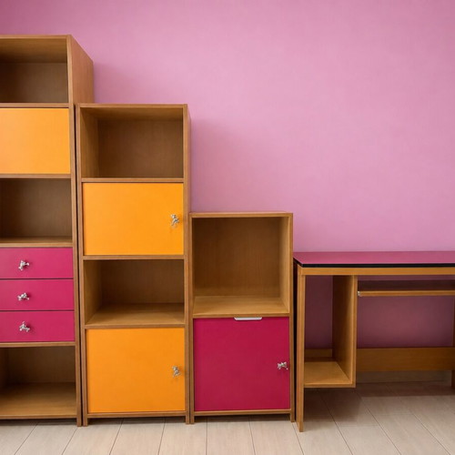 Children's room furniture set with desk and 3 bookshelves