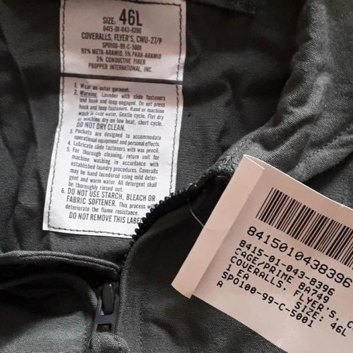 CWU 27/P Sage Green Nomex Flight Suit New, Size 46L