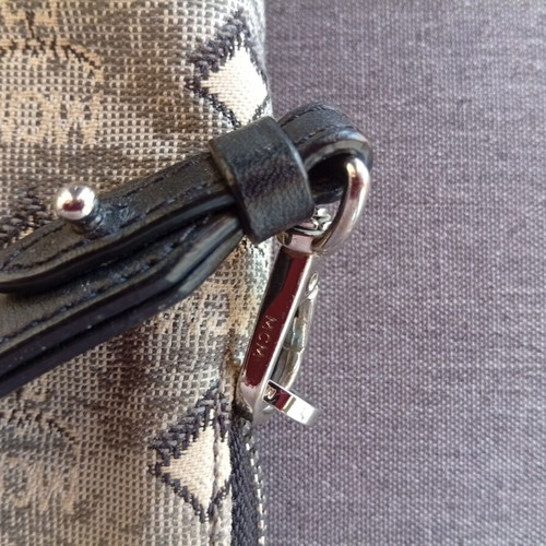 MCM Aren Monogram Jacquard Pouch used, gray charcoal wristlet clutch