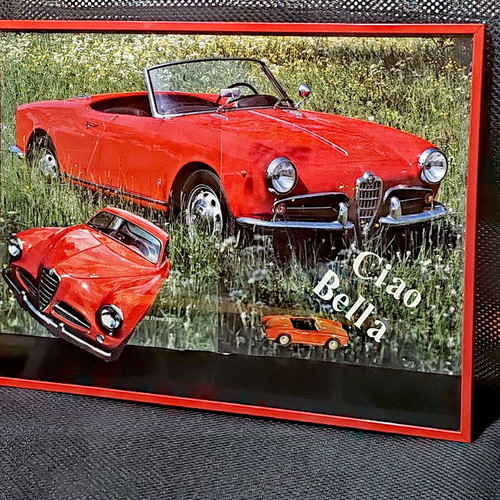 Alfa Romeo Giulietta Spider retro poster "Ciao Bella" with frame and protective glass