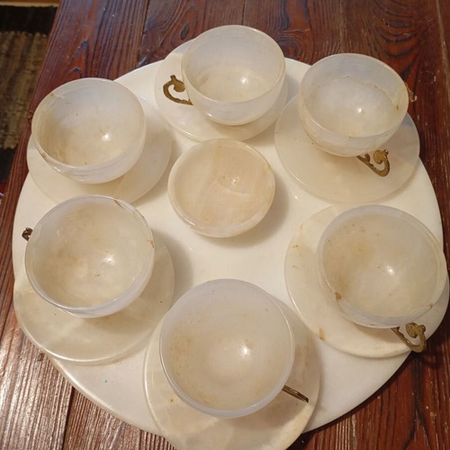 Vintage tea and coffee set used, alabaster and brass
