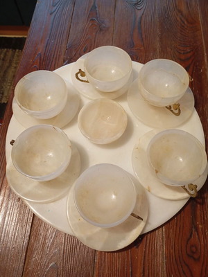 Vintage tea and coffee set used, alabaster and brass