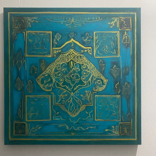 Turquoise board with a gold hamsa hand