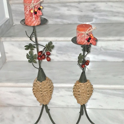Set of 2 metal candlesticks new with glass grape decoration