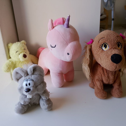 Set of 4 Plush Toys including Interactive Dog with Sound, Unicorn, Winnie & Mouse