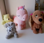 Set of 4 Plush Toys including Interactive Dog with Sound, Unicorn, Winnie & Mouse