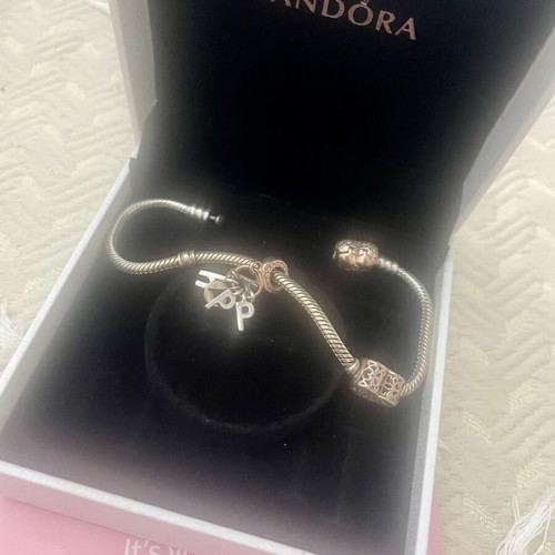 Pandora bracelet with two charms, silver