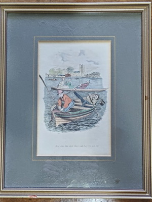 Antique lithograph print with humorous boat scene, framed
