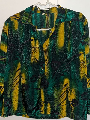 Vintage γυναικείο πουκάμισο abstract σατέν 80s 90s, σμαραγδί πράσινο & κίτρινο μοτίβο, oversized