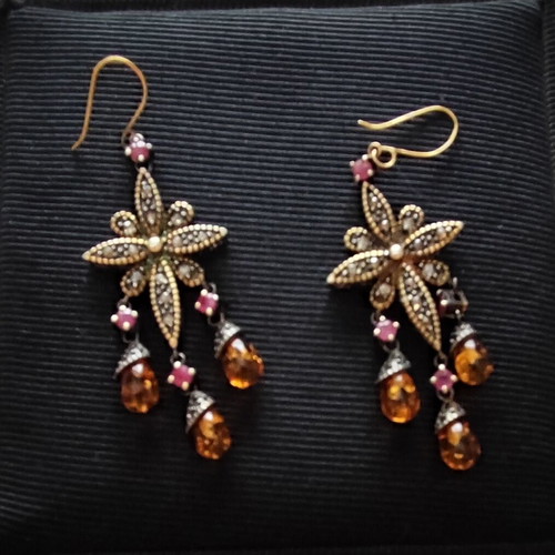 Earrings used silver-gold with diamonds, rubies and amber