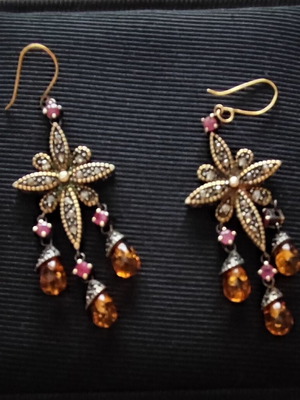 Earrings used silver-gold with diamonds, rubies and amber