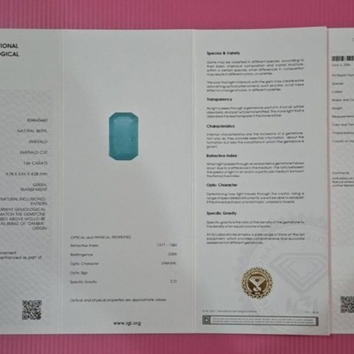 Natural Emerald 1.86 ct IGI Certified from Zambia, new