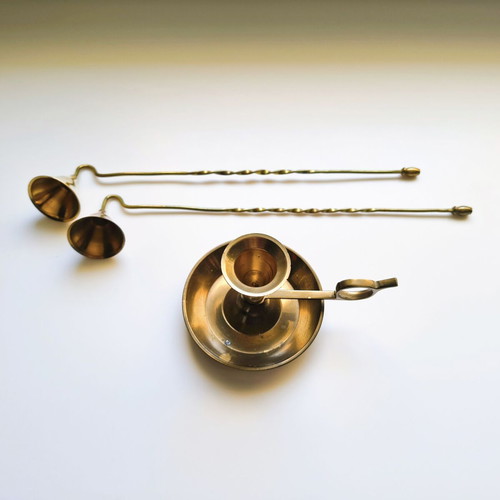 Brass candlestick set and 2 candle snuffers like new