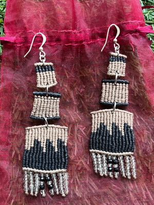 Boho macramé earrings with black and beige beads like new