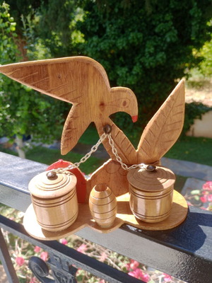 Wooden handmade salt cellar from 1980 like new with stork design