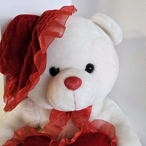 White teddy bear 50cm like new with velvet red heart