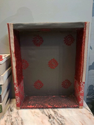 Vintage wall shelf with burgundy brocade fabric new