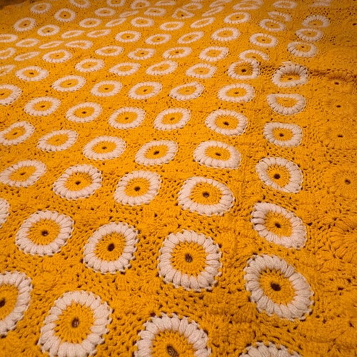 Handmade crochet blanket like new, yellow with flowers