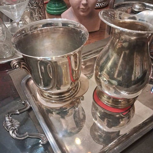 Silver-plated utensils used, set with Christofle tray and Lampidis jug