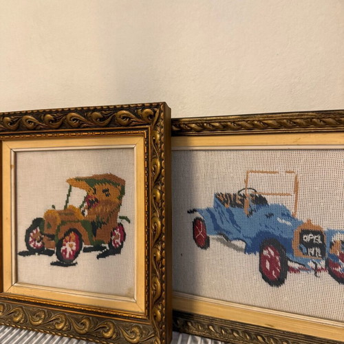 Vintage wooden frames used with hand-stitched car designs