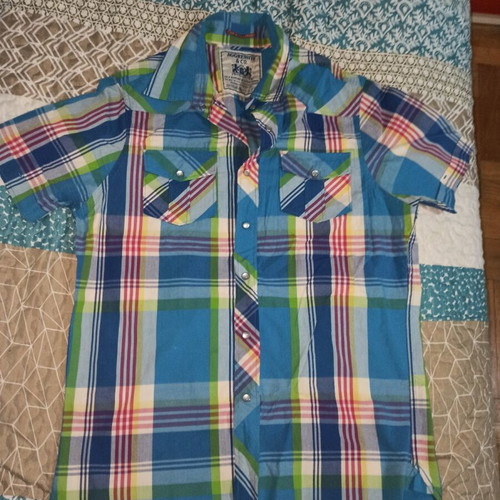 Aggressive men's shirt Large missing one button, blue