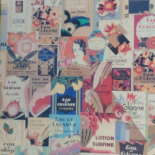 Vintage collage painting used, 70x50 cm, Eau de cologne labels