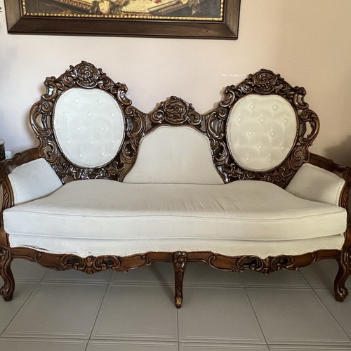 Carved Canadian Solid Wood Living Room Set like new with Marble Tables