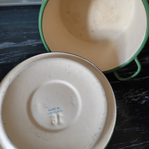 Vintage enamel pot with lid 16 cm used, beige with green details