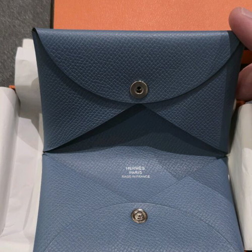 Hermes Calvi leather card holder blue new