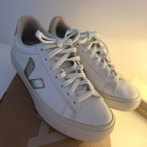 Veja Campo sneakers used, white and beige with rose gold details