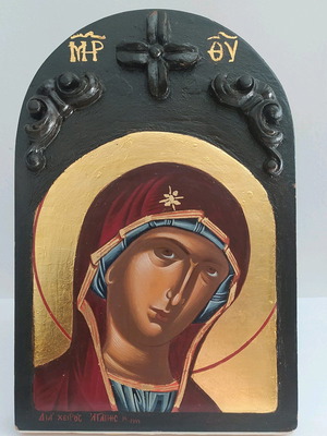 Panagia handmade painted Byzantine icon with gold leaf and embossed decoration