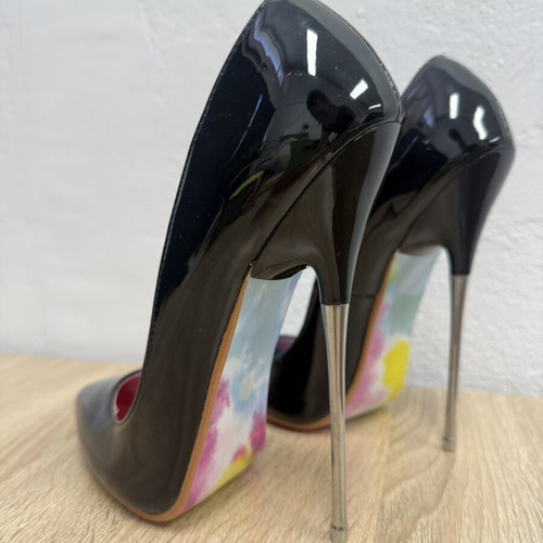 Black patent leather stiletto heels, 16 cm