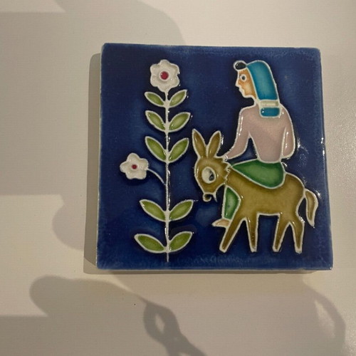 Folk Scene tile used with woman and donkey, ceramic