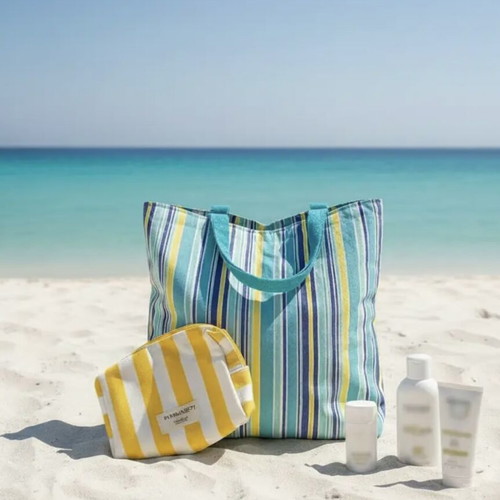 Summer beach set with double-sided striped bag and Pharmasept Heliodor pouch like new