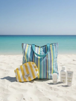 Summer beach set with double-sided striped bag and Pharmasept Heliodor pouch like new