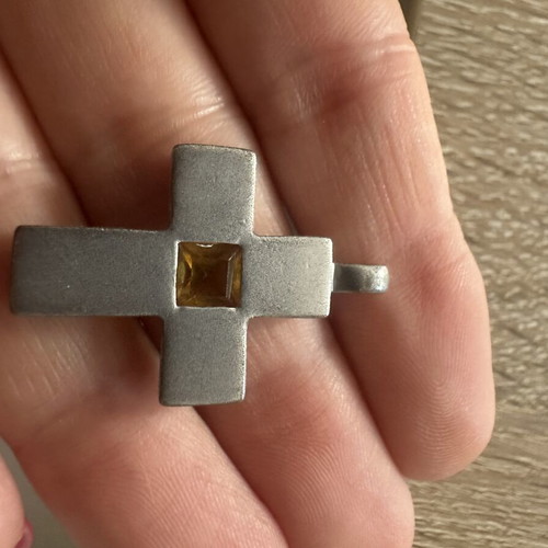 Vintage cross pendant with yellow stone, retro style