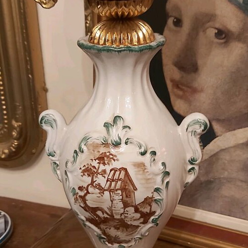 Old French antique lamp made of white porcelain with handmade painting like new