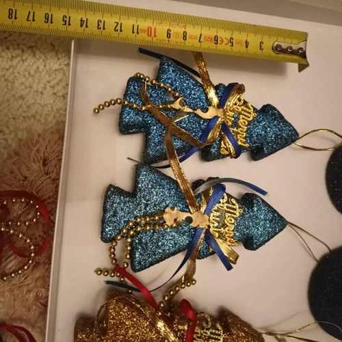 Set of 3 Merry Christmas hanging trees and 2 black glitter bells like new